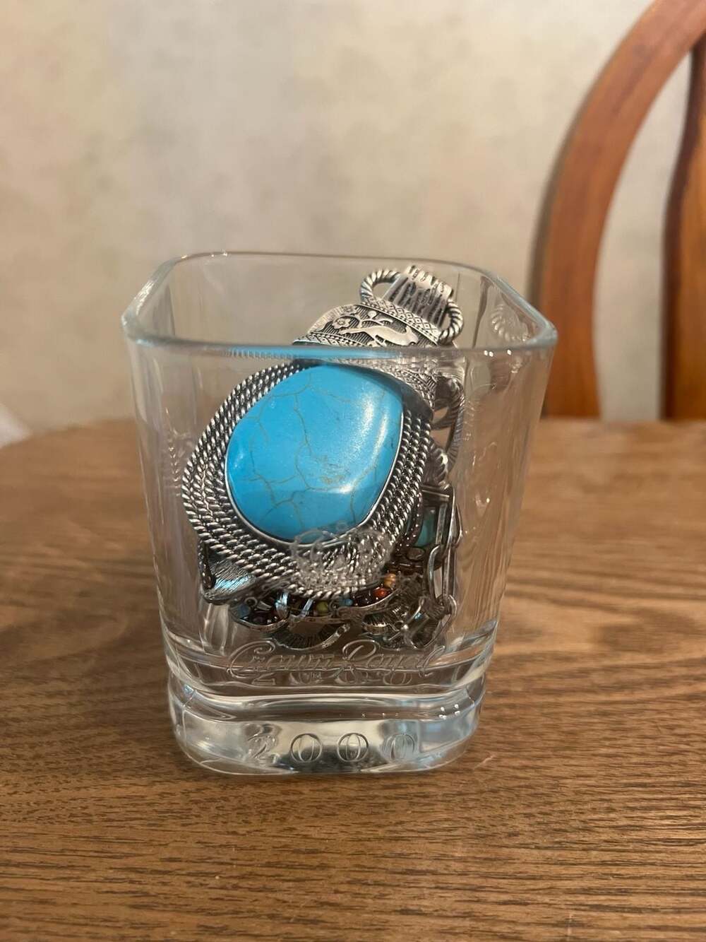 Small Jewelry Jar Turquoise Silver in Vintage Crown Royal 2000 Glass